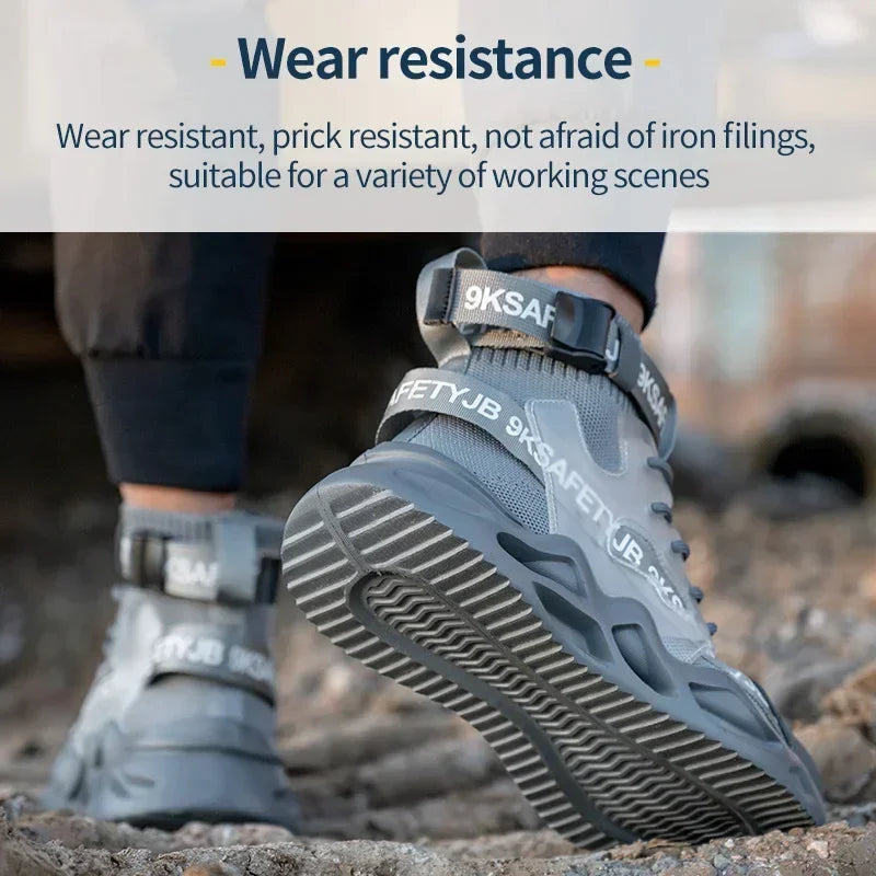 Black steel toe safety boots for men and women, industrial protective shoes with anti-puncture sole, lightweight work safety sneakers.
