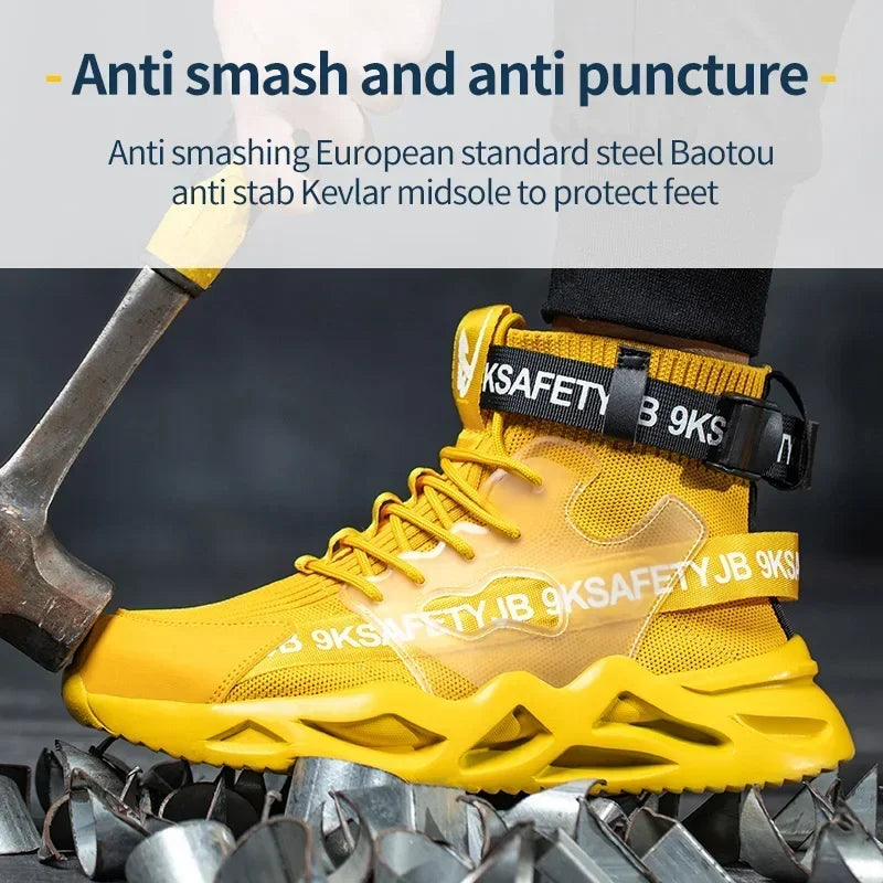 Black steel toe safety boots for men and women, industrial protective shoes with anti-puncture soles and lightweight design.