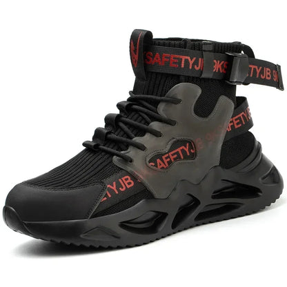 Black steel toe safety boots for men and women, industrial protective shoes with anti-puncture soles for work safety.