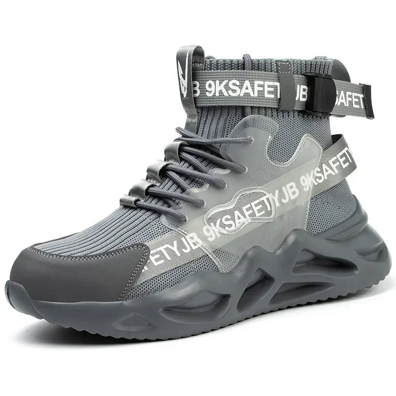 Steel toe safety boots for men and women, black industrial protective shoes with anti-puncture soles and lightweight work sneaker design.