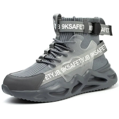 Steel toe safety boots for men and women, black industrial protective shoes with anti-puncture soles and lightweight work sneaker design.