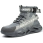Steel toe safety boots for men and women, black industrial protective shoes with anti-puncture soles and lightweight work sneaker design.