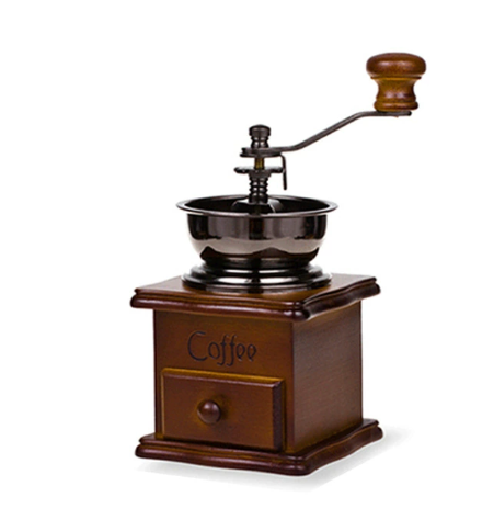 Manual coffee grinder from BACKUPMYFILESNOW.COM®, compact mini home use coffee mill with ceramic burrs and adjustable grind settings.