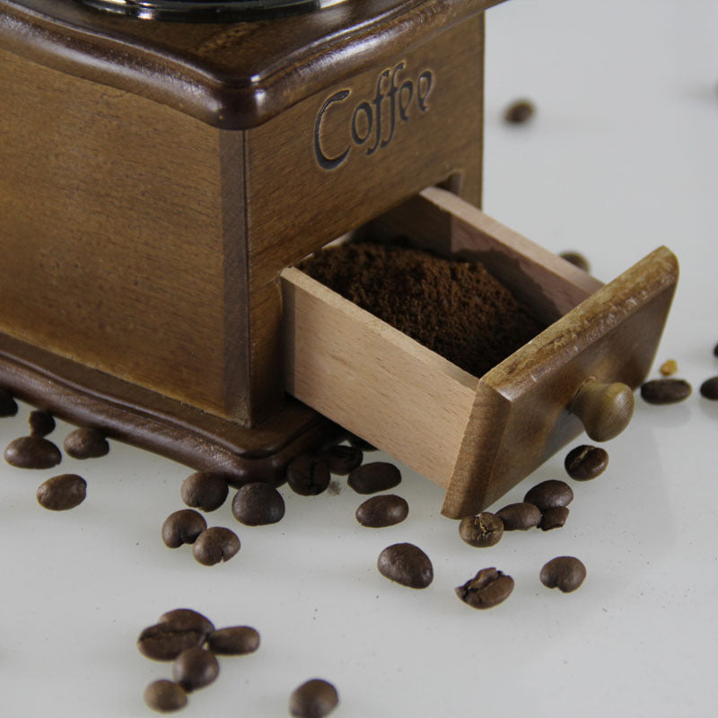 Manual coffee grinder from BACKUPMYFILESNOW.COM® with a compact design, featuring a metal handle and ceramic burrs for home use.