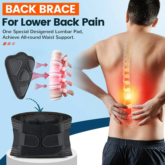 Breathable lumbar support back brace for lower back pain relief, suitable for men and women, with adjustable straps for heavy lifting.