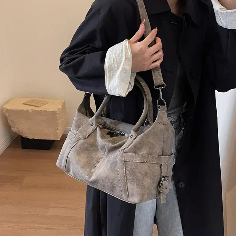 Retro design PU leather shoulder bag for women, Korean fashion 2024, high-capacity crossbody tote with adjustable strap.