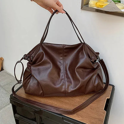 Retro design PU leather shoulder bag for women, Korean fashion 2024, high capacity crossbody tote with handles and adjustable strap