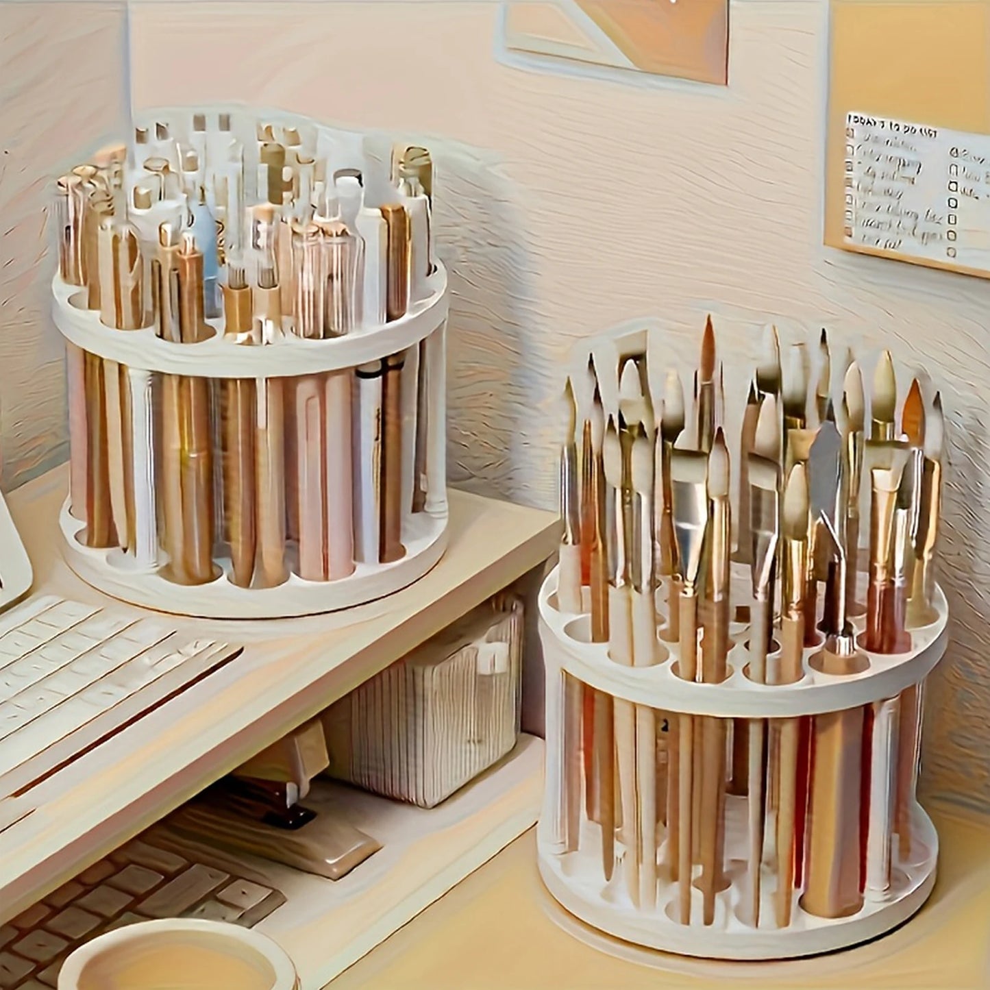 45-hole desktop organizer for office and art supplies, holds pens, paint brushes, and stationery for organized workspace.