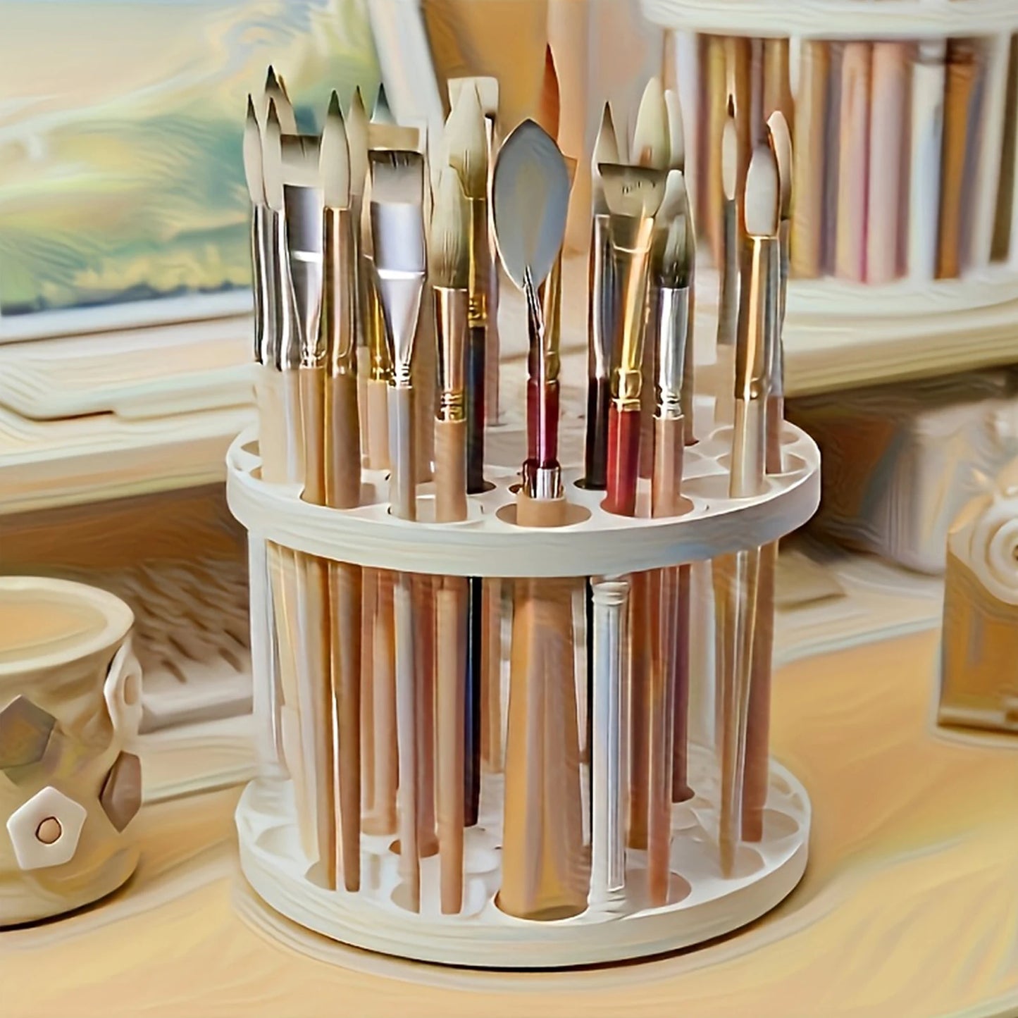 45-hole desktop organizer by BackupMyFilesNow.com for pens, stationery, painting supplies, and oil brushes on a workspace.