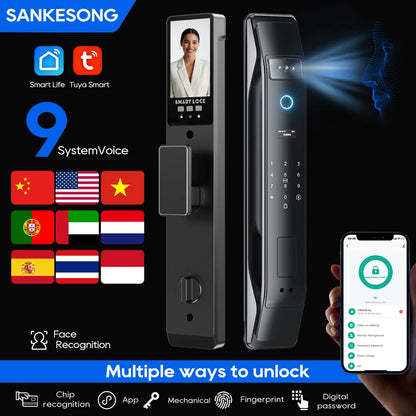 SANKESONG Tuya Smart 3D Face Door Lock with security camera, fingerprint scanner, and electronic key access for home security.