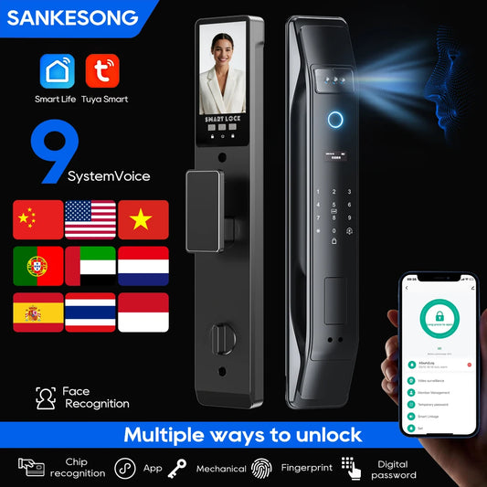 SANKESONG Tuya Smart 3D Face Door Lock with security camera, fingerprint scanner, and electronic key access for home security.