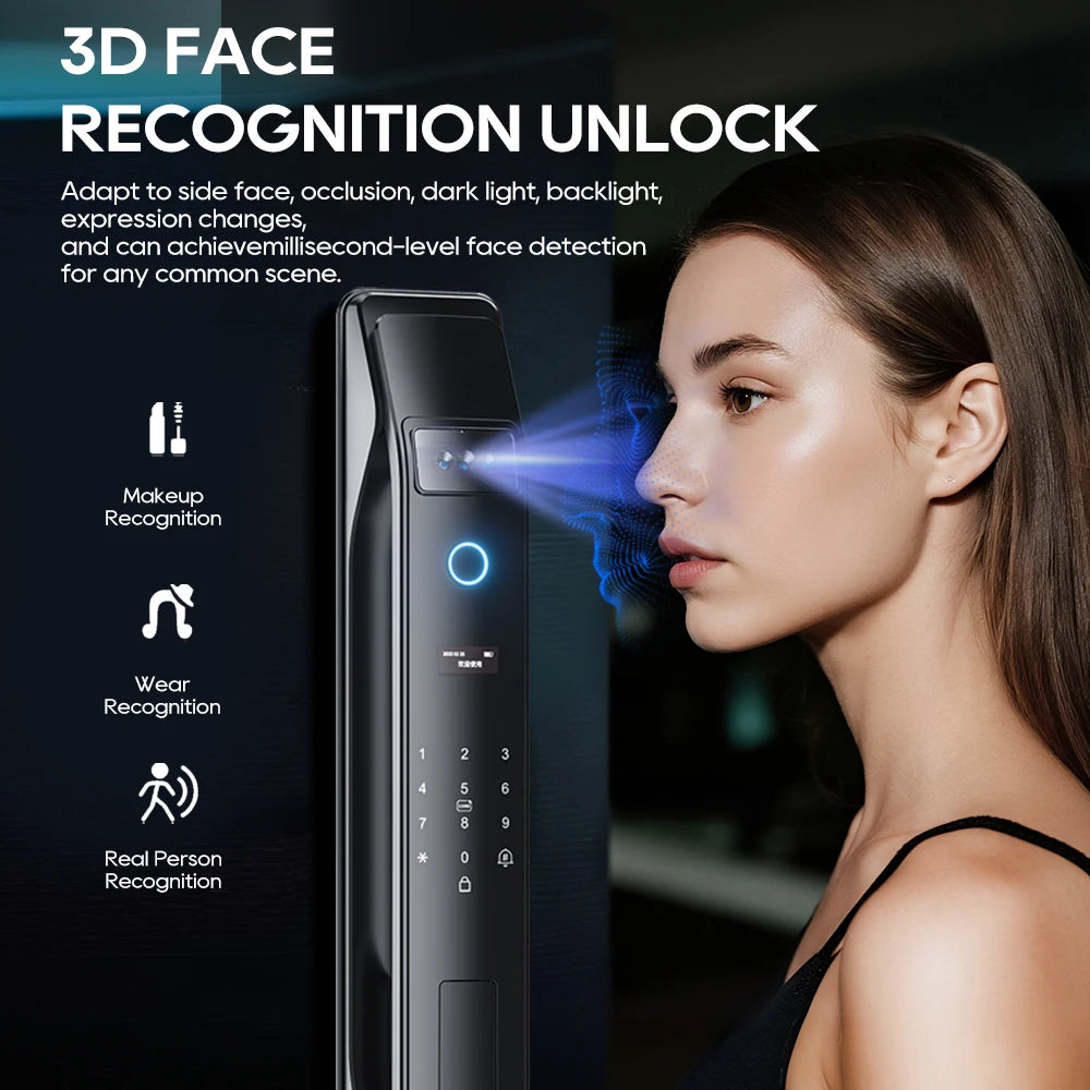 SANKESONG Tuya Smart 3D Face Door Lock with fingerprint scanner, security camera monitor, and electronic key access system.