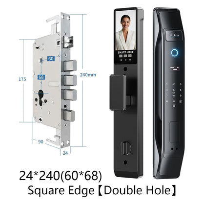 SANKESONG Tuya Smart 3D Face Door Lock with security camera, fingerprint scanner, and electronic key for biometric access.