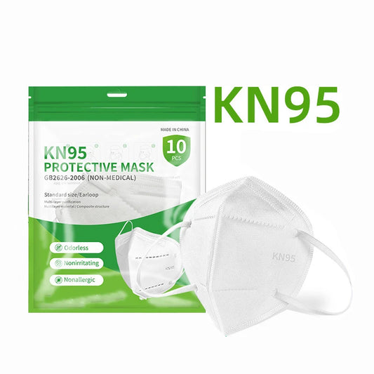 Black and white adult KN95 masks with 5-layer breathable design, adjustable nose bridge, suitable for facial, travel, and dustproof use.