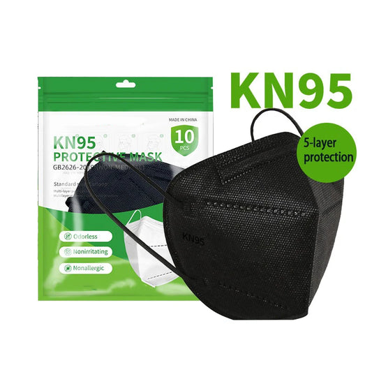 50/100 black and white adult KN95 masks with 5-layer breathable design, adjustable nose bridge, dustproof for facial and travel use