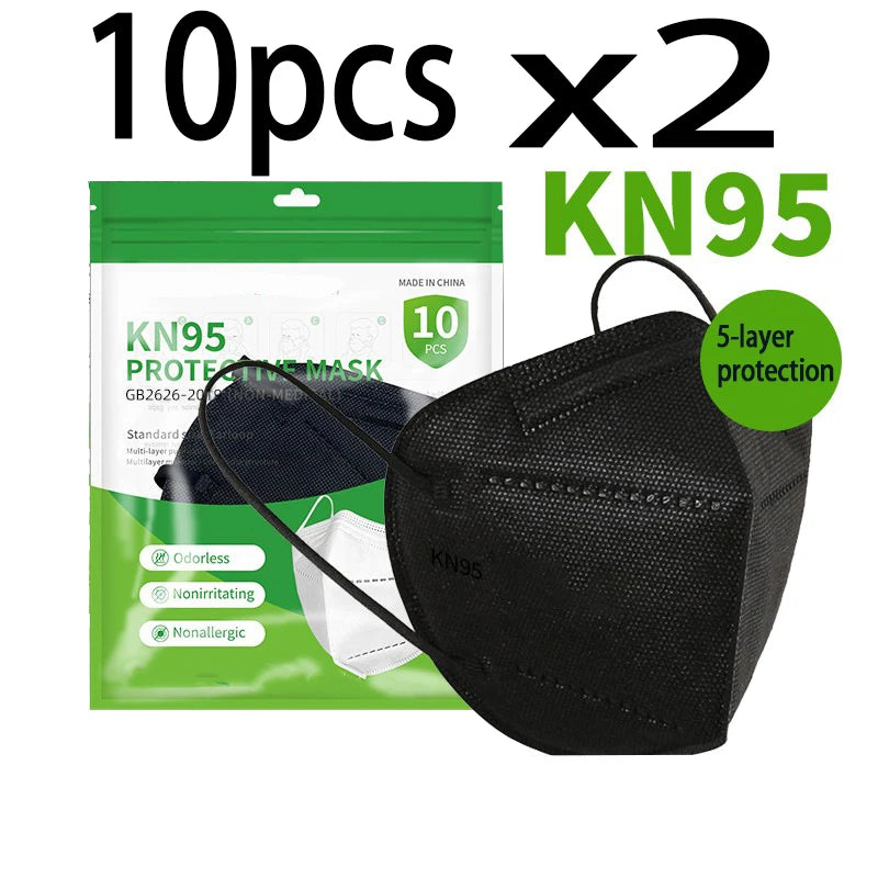 Black and white KN95 masks for adults, featuring 5-layer breathable design, adjustable nose bridge, ideal for facial and travel use.