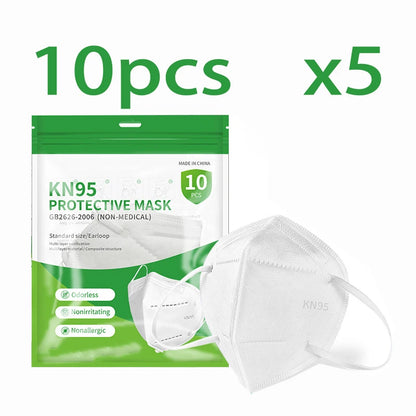 Black and white adult KN95 masks with adjustable nose bridge, 5-layer breathable design, dustproof, suitable for facial and travel use.
