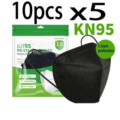 Set of 50 or 100 black and white adult KN95 masks with 5-layer breathable design, adjustable nose bridge, and dustproof protection.
