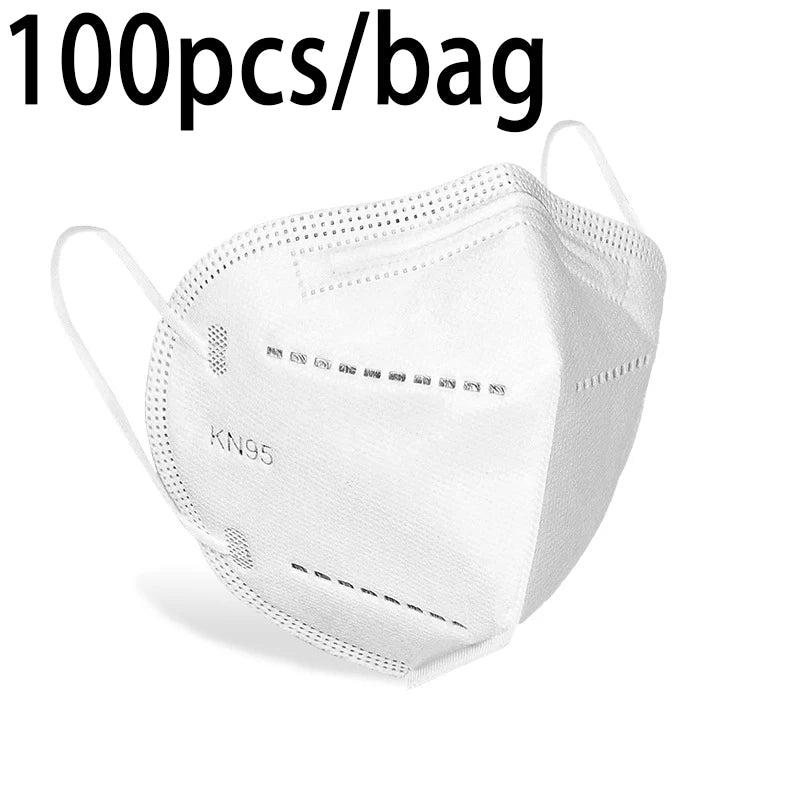 Set of 50 or 100 black and white KN95 masks for adults with 5-layer breathable, dustproof design and adjustable nose bridge.