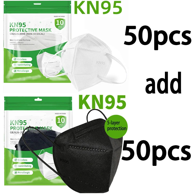 Black and white adult KN95 masks with 5-layer breathable design, adjustable nose bridge, suitable for facial, travel, and dustproof use.