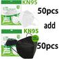 Black and white adult KN95 masks with 5-layer breathable design, adjustable nose bridge, suitable for facial, travel, and dustproof use.