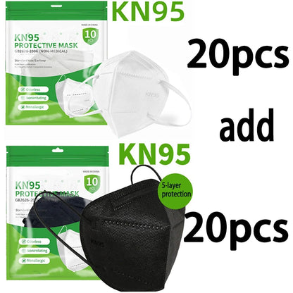 50/100 black and white adult KN95 masks with 5-layer breathable design, adjustable nose bridge, for facial, travel, and dustproof use