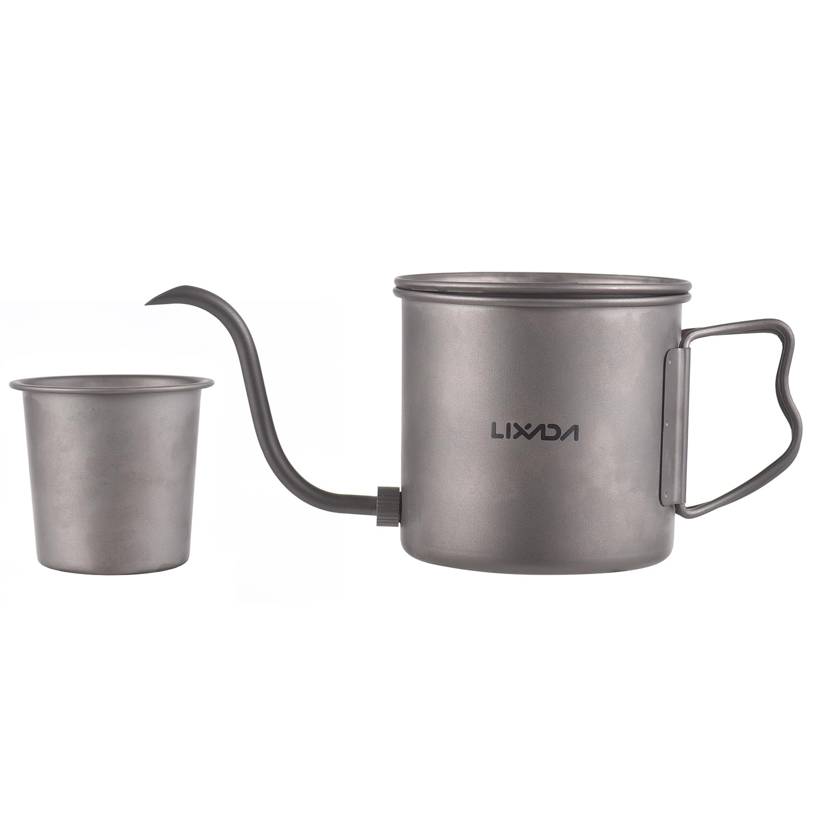 LIXADA titanium camping kettle with removable coffee spout and water cup for outdoor camping and backpacking.