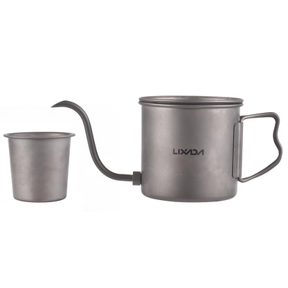LIXADA titanium camping kettle with removable coffee spout and water cup for outdoor camping and backpacking.