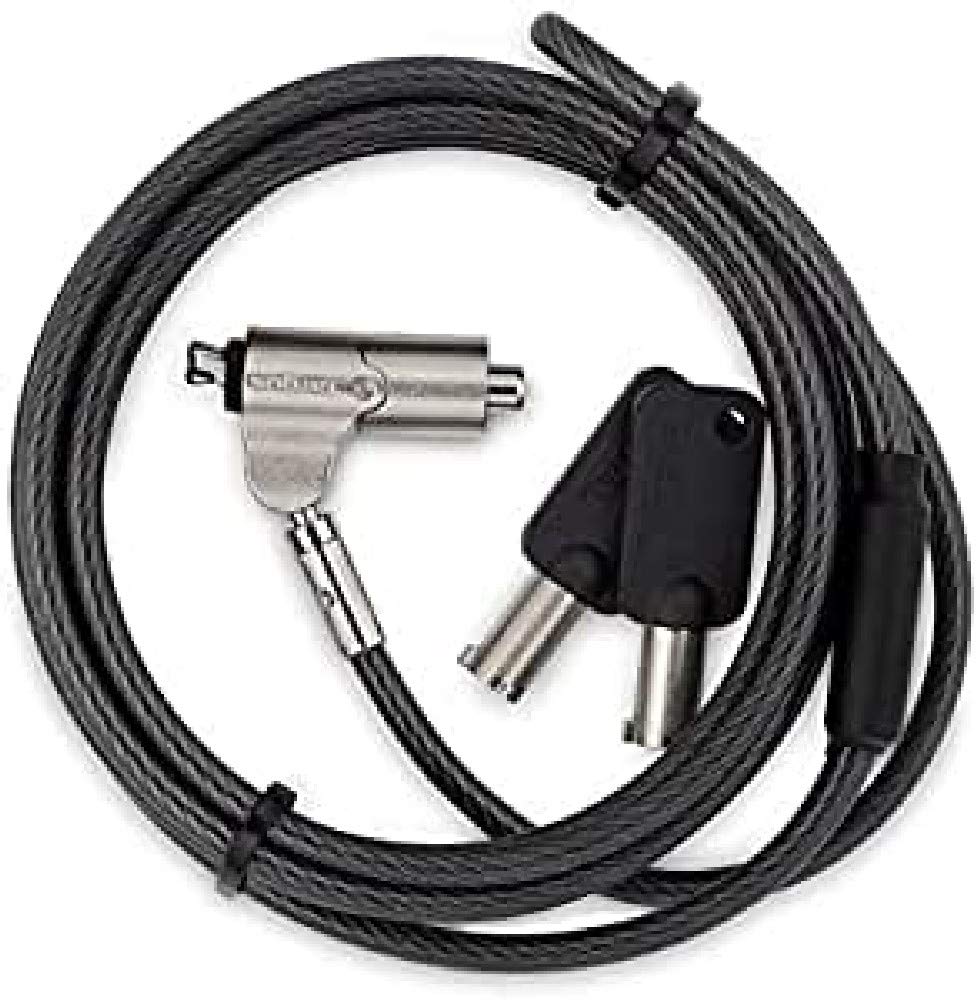 Targus DEFCON Trapezoid Keyed Cable Lock securing a laptop and desktop computer for theft prevention.