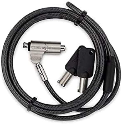 Targus DEFCON Trapezoid Keyed Cable Lock securing a laptop and desktop computer for theft prevention.