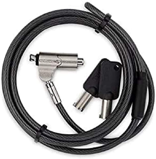 Targus DEFCON Trapezoid Keyed Cable Lock securing a laptop and desktop computer for theft prevention.