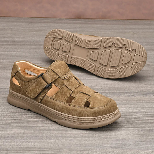 Cowhide men's casual work shoes with soft genuine leather, walking sandal style, in khaki, designed for comfort and durability.