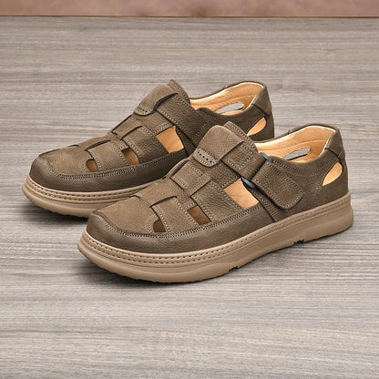 Cowhide men's casual work shoes in soft genuine leather with open sandal design, perfect for walking and everyday wear.