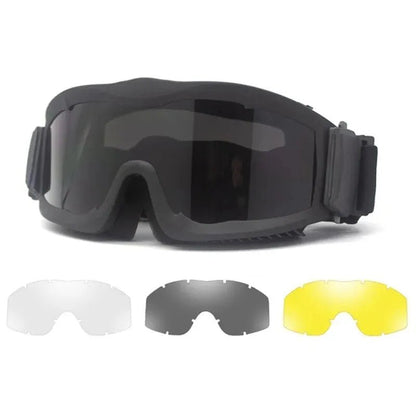 BackupMyFileSNOW® khaki airsoft tactical goggles with three lenses, wind and dust proof, UV protection, ideal for motocross and mountaineering.