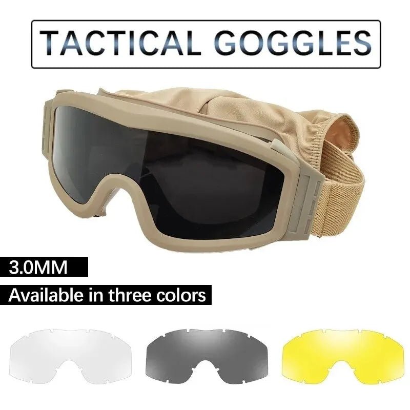 BackupMyFilesNow® khaki airsoft tactical goggles with three lenses, dust-proof, UV protection, suitable for shooting, motocross, and mountaineering