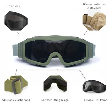 BackupMyFileSNOW.com khaki airsoft tactical goggles with three lenses, wind and dust proof, UV protection for shooting and motocross.