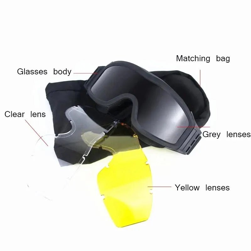 BackupMyFilesNow.com® khaki airsoft tactical goggles with three lenses, windproof, dust-proof, UV protection for shooting and motocross.