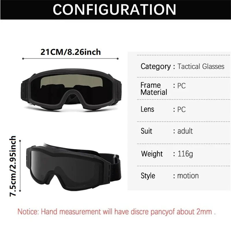 BackupMyFilesNow® khaki airsoft tactical goggles with three lenses, wind and dust proof, UV protection, ideal for shooting and motocross.
