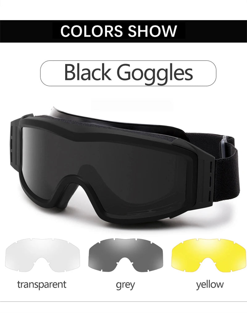 BackupMyFilesNow® khaki airsoft tactical goggles with three lenses, dust-proof, UV protection, suitable for shooting, motocross, and mountaineering.