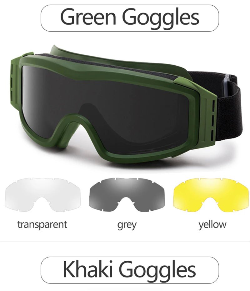 BackupMyFilesNow® khaki airsoft tactical goggles with three lenses, dust-proof, UV protection, and secure fit for shooting and motocross.
