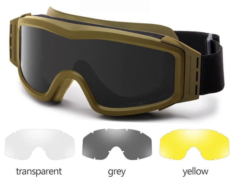 BackupMyFileSNOW® khaki airsoft tactical goggles with three lenses, dust-proof, UV protection, and suitable for shooting and motocross.