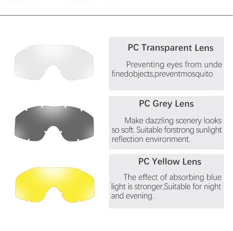 BackupMyFileSNOW® khaki airsoft tactical goggles with three lenses, windproof, dustproof, UV protection for shooting and motocross.