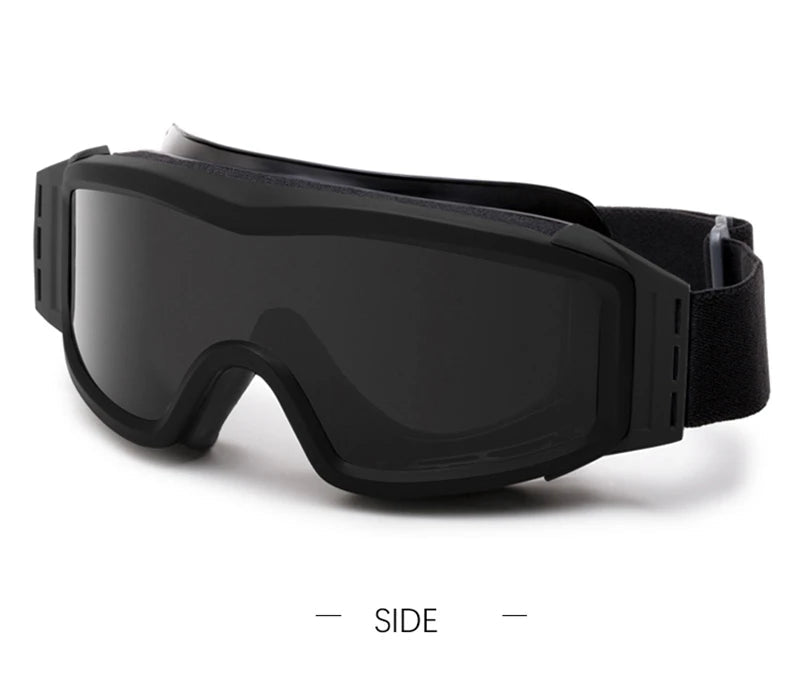 BackupMyFilesNow.com® khaki airsoft tactical goggles with three lenses, dust-proof, UV protection, suitable for shooting and motocross riding.