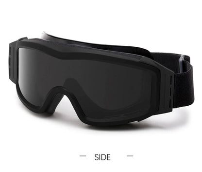 BackupMyFilesNow.com® khaki airsoft tactical goggles with three lenses, dust-proof, UV protection, suitable for shooting and motocross riding.