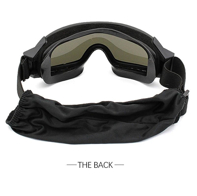 BackupMyFileSNOW® khaki airsoft tactical goggles with three lenses, windproof, dustproof, and UV protection for shooting and motocross.