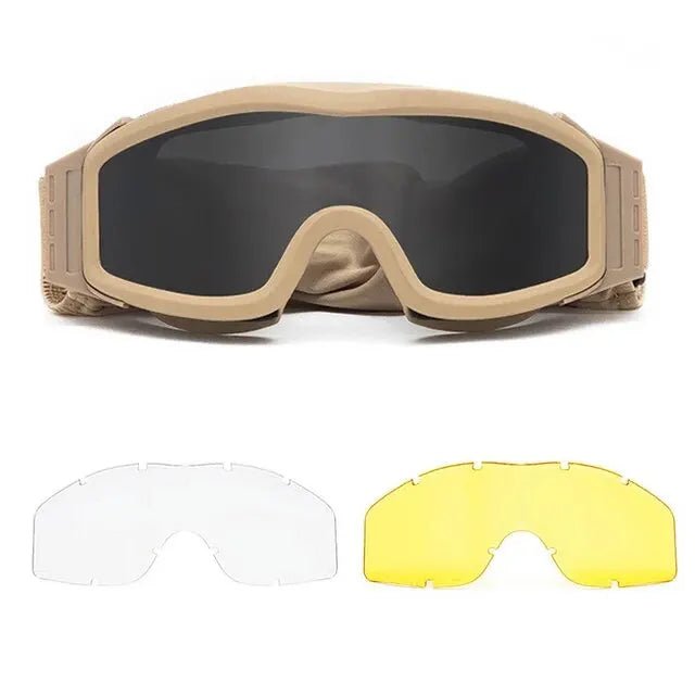 BackupMyFileSNOW® khaki airsoft tactical goggles with three lenses, windproof, dust-proof, and UV-protected for shooting and motocross.