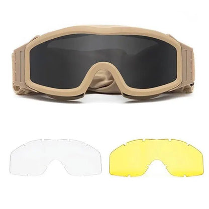 BackupMyFileSNOW® khaki airsoft tactical goggles with three lenses, windproof, dust-proof, and UV-protected for shooting and motocross.