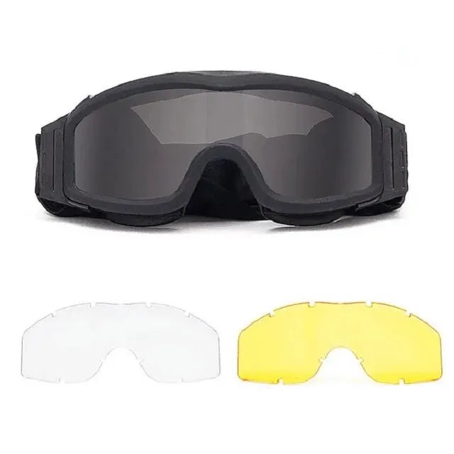 BackupMyFilesNow.com khaki airsoft tactical goggles with three lenses, windproof, dust-proof, UV protection for shooting and motocross.