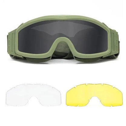 BackupMyFileSNOW® khaki airsoft tactical goggles with three lenses, dust-proof, UV protection, ideal for shooting, motocross, and mountaineering.