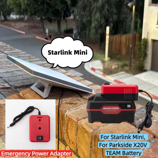 Emergency power adapter for Starlink Mini from BACKUPMYFILESNOW.COM, compatible with Parkside X20V battery, 1-meter cord for satellite internet.
